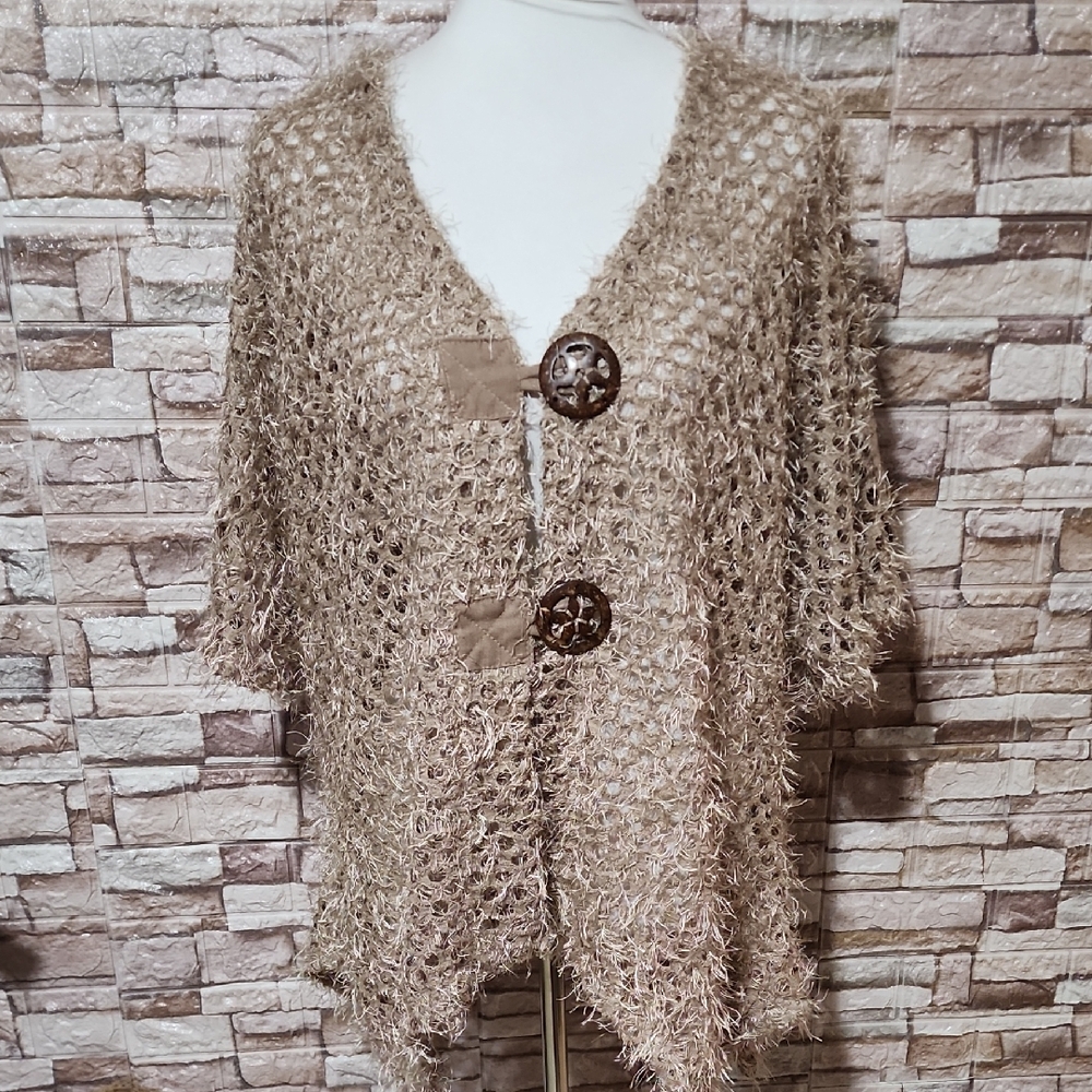 Mirror Or Image Cozy Tan/ Brown Knit Sweater with Button Accents